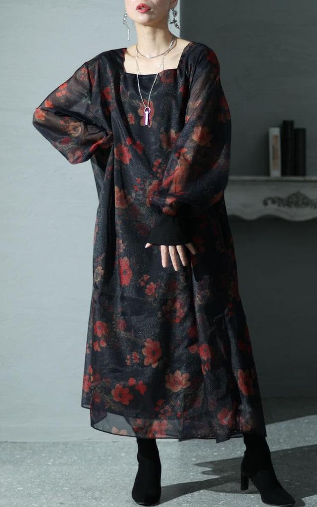 Guldfärgad Japan Plus Size Lång Fyrkantig Blommig Damklänning, Ärmar, Halsringning, Mönster, Organza, Utsvängd, Fodrad, Höst/Vinter, Vår, 4L-5L, Svart, nw-23038