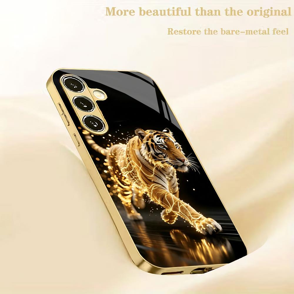 Golden Tiger Metallic Glass Phone Case Suitable for Samsung Galaxy S26 S25 S24 S22 S21 S20 FE/Ultra/Plus Anti Drop Rear Cover