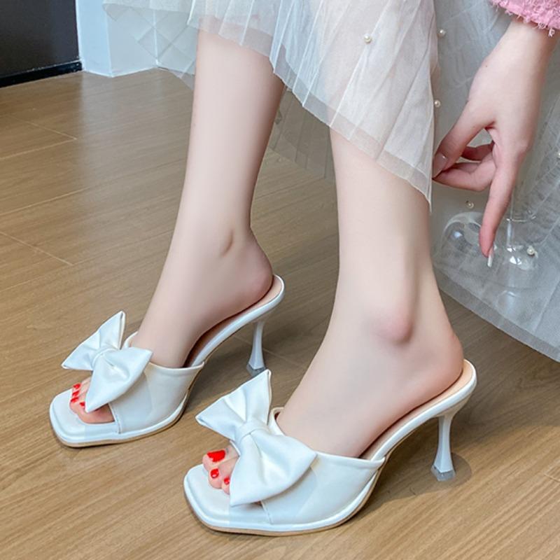 Womens Sandals High Heels Fashion Bow Designer Elegant Solid Color High Heels PU Leather Open Toe Shallow Mouth Women's Slippers