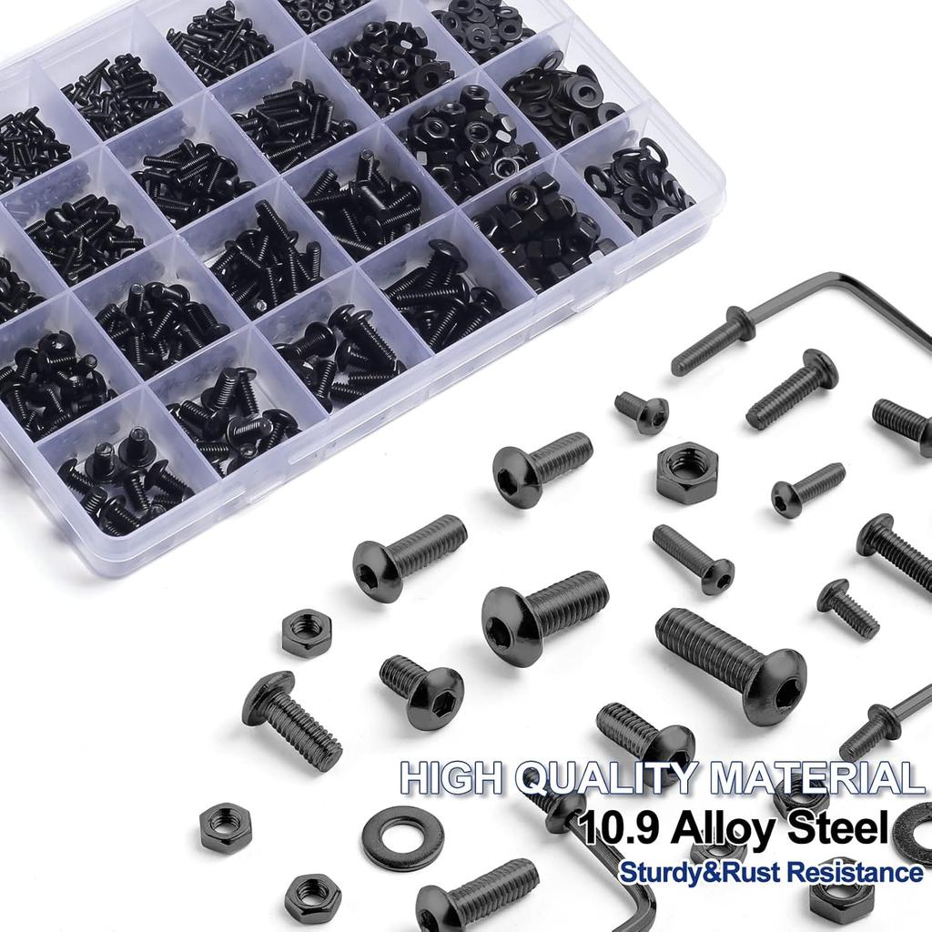 1230Pcs M2 M3 M4 M5 Silver Hex Socket Button Head Screws Nuts Washers Assortment Sets,10.9 Class Alloy Steel Screws Bolts Kit with 4 Allen Wrenches