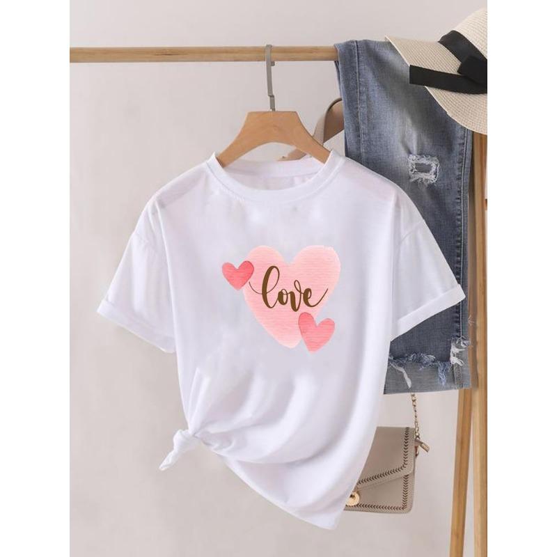 Cute Love Letter Heart Print T Shirt Women Love You Letter Graphic Short Sleeve Casual Summer Aesthetic Valentines Daily Tee