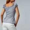 Female Tops, Plaid Lace Trim U-Neck Short Sleeve T-Shirt Close-Fitting Blouse for Summer, S/M/L