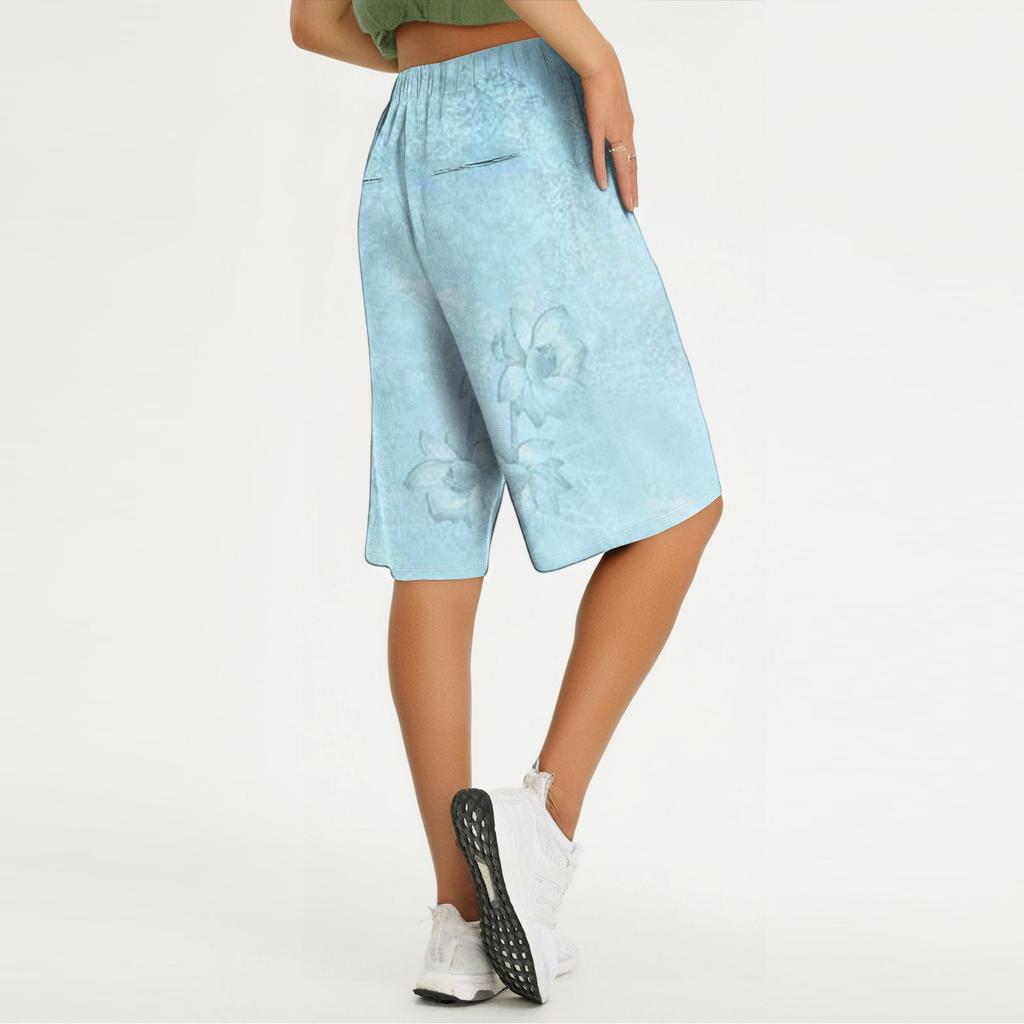 Damen Sommer Mode Gestreift Floral Print Knielang Leichte Elastische Taille Lässige Taschenshorts
