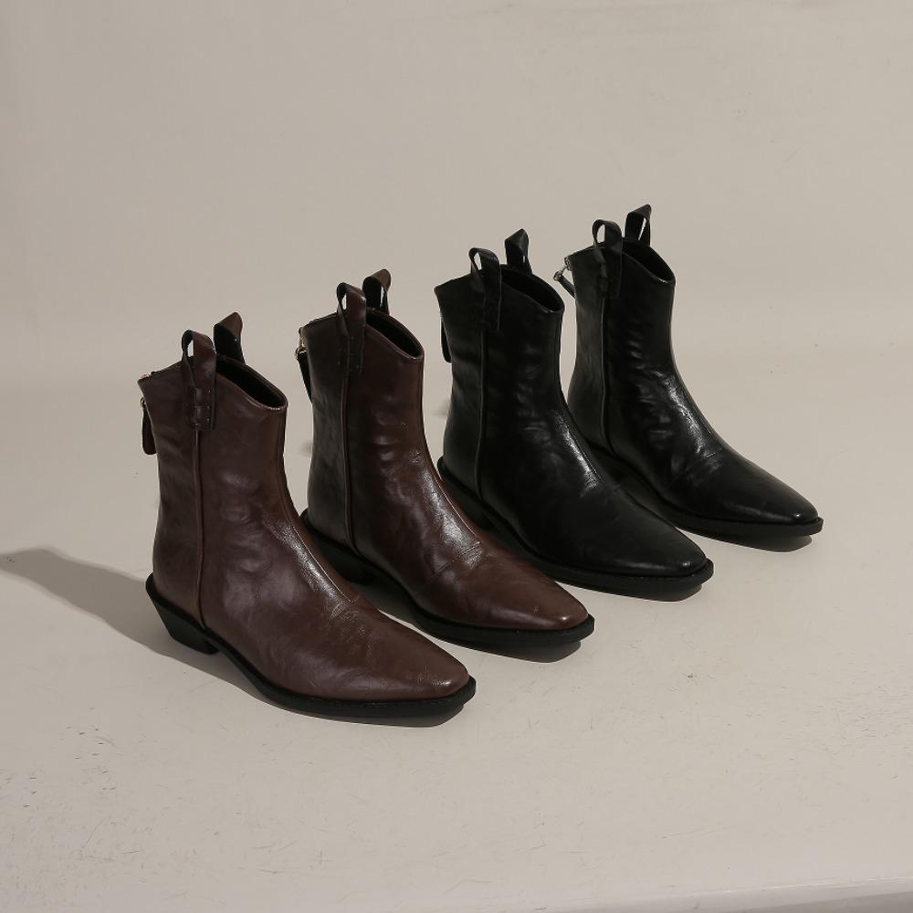 Fashion Boots Women Trends 2025 Retro Cowboy Boots Woman Leather Thick Heel Wrinkled Western Short Boots Womens Shoes