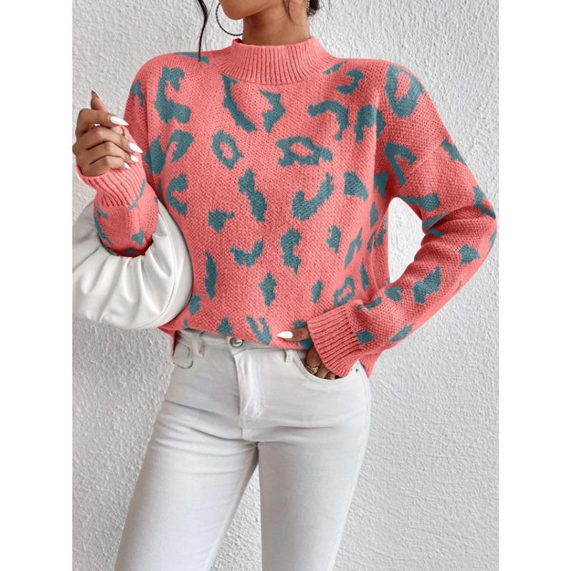 Women S Fashion Round Neck Long Sleeve Pullover Sweater Leopard Print