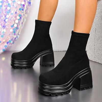 Fashion Black Chunky Platform Ankle Boots Women 2025 New Slip On Super High Heels Short Booties Woman Plus Size Punk Stretch Boots 35-42