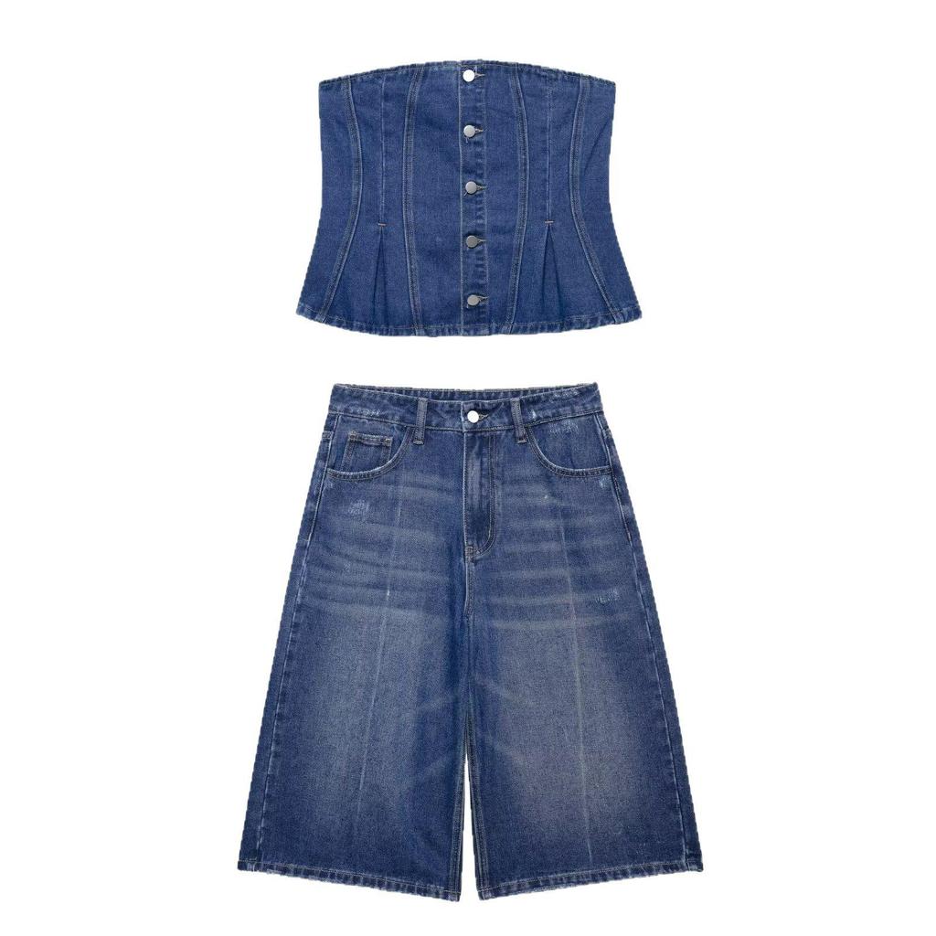 2025 Summer Women's Fashion: Denim Tube Top & Capri Pants Set