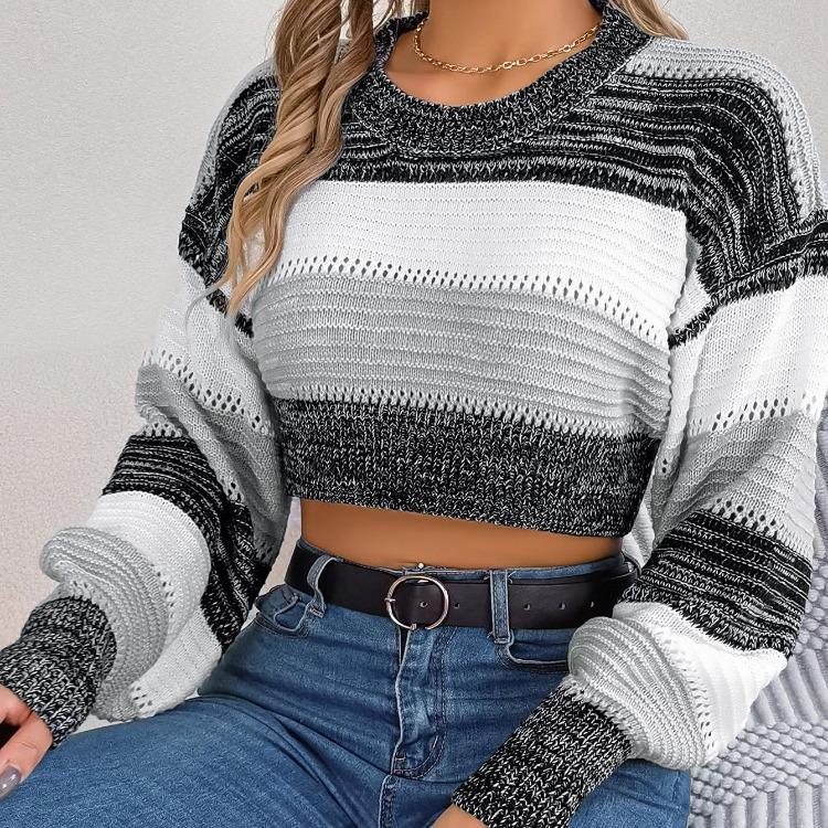 Vintage Streifenmuster Lockerer Cardigan Pullover Langarm Rundhalsausschnitt Strickware Herbst Winter