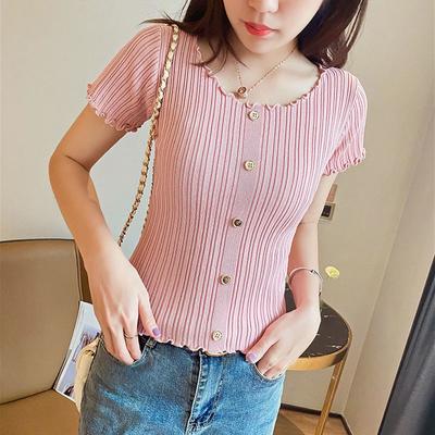 Summer Women Fashion Slim Short Sleeve T-shirt Knitted Elastic Short Tops