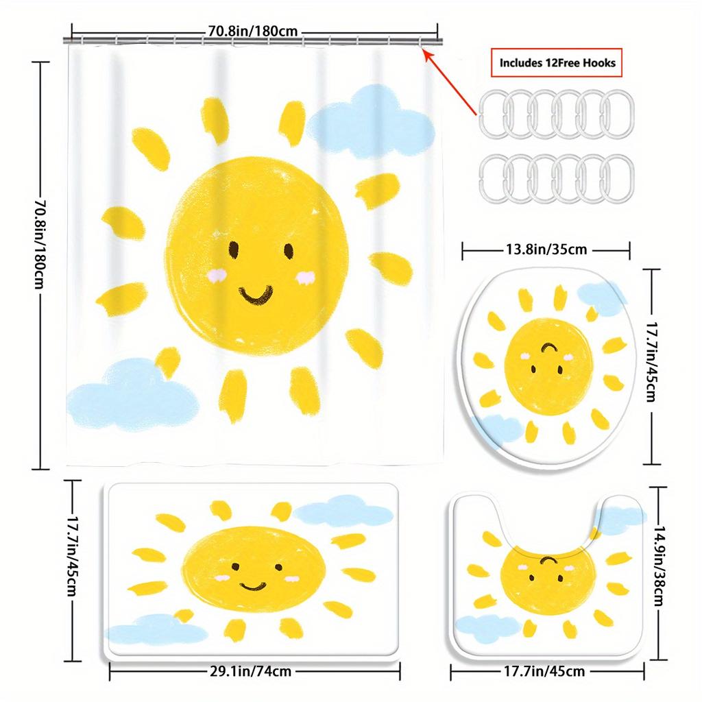 Sun Decorative Shower Curtain Bathroom Set - Machine Washable, With 12 Hooks, Including Toilet Seat Cover And Bathtub Mat