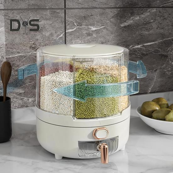 Distribuidor de cereais giratório de 360 graus, recipiente de arroz com tampa, grande capacidade, vários compartimentos, organizador de armazenamento de grãos