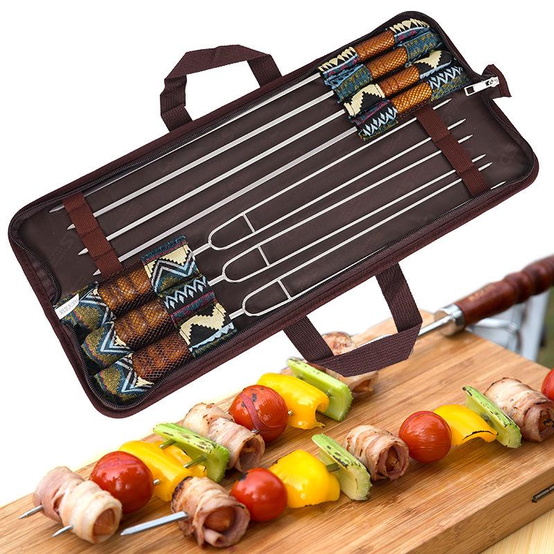Korean Portable Outdoor BBQ Skewer Set: Stainless Steel U-Shaped Wooden Handle, 7-Piece.