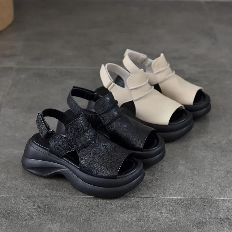 Johnature Sandálias Leves de Sola Grossa com Peep Toe Versátil Casual Couro Genuíno Sola Macia Sapatos Femininos