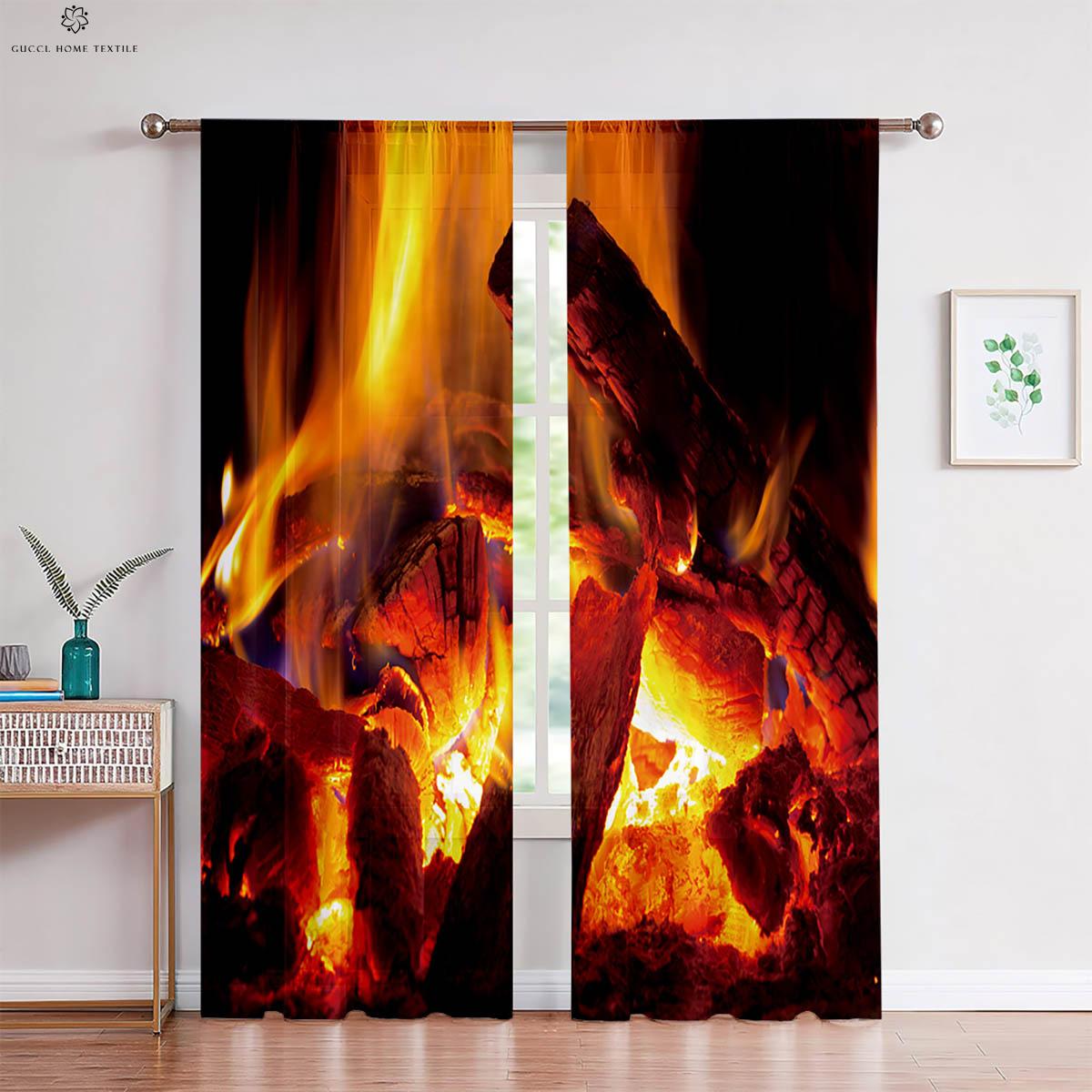 

Water Flame Two Pole Three D Printing Curtain Polyester Material Fiber Machine Washable Bedchamber Living Room Cooking Space Decorative Curtain W50xH130(CM)x2PCS&Rod pocket