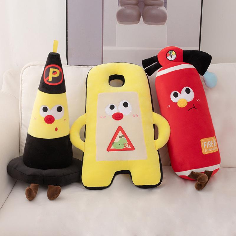Cartoon Fire Extinguisher Plush Pillow with Road Cone Backrest and Warning Sign Prop