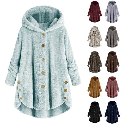Women Plus Size Button Plush Tops Hooded Loose Cardigan Wool Coat Winter Jacket