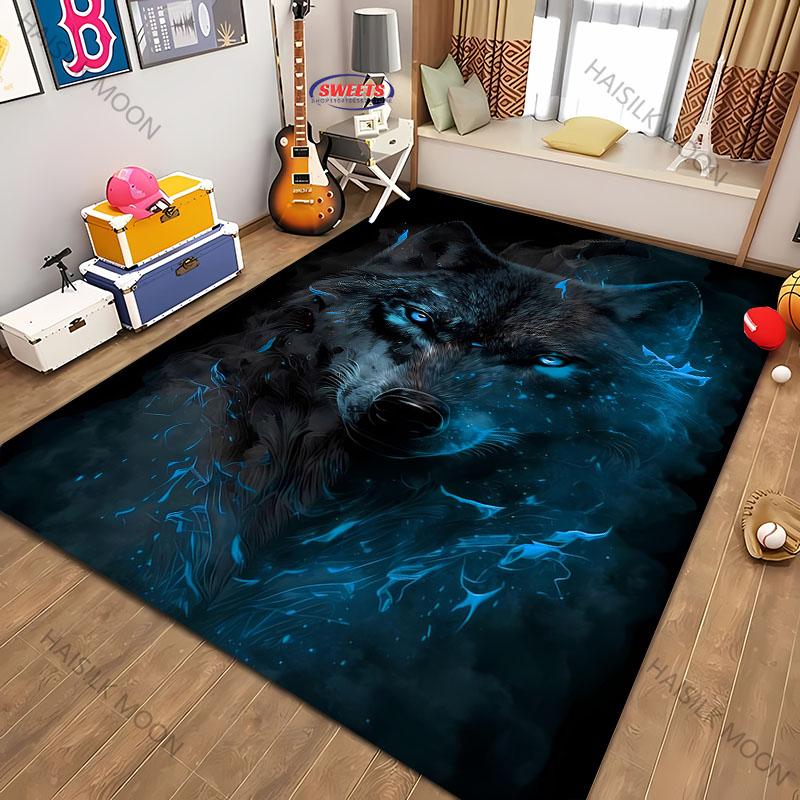 3D HD Blue Flame Lone Wolf Cool Printed Carpet Bedroom Non Slip Sofa Table Area Rugs Living Room Hallway Floor Mats, Fast Arrive