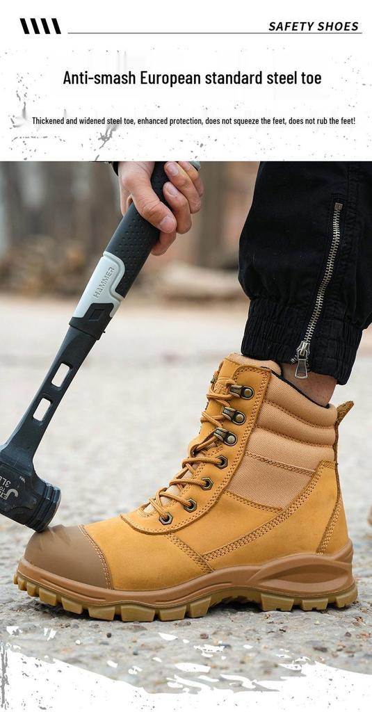 Men's High-Top Wheat Safety Shoes: European Standard, Anti-Smash, Anti-Pierce, Wear-Resistant, Durable Leather with Zipper Style.