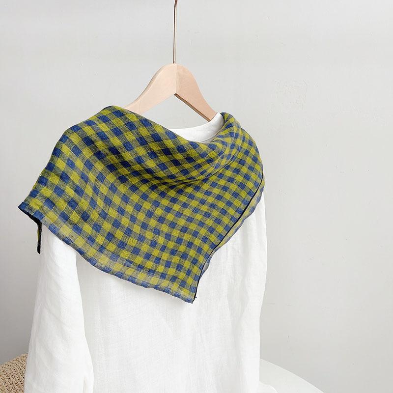 Retro Small Plaid Linen Square Scarf Literary And Versatile Women'S Summer Neck Protection Small Silk Scarf Scarf Accessories