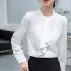 [SYitong] Women's Long-Sleeved Plain Blouse, Stylish, Washable, Collarless, White/Pink, Lined, Business/Office, Cute, Popular, Date, Outing, Commuting