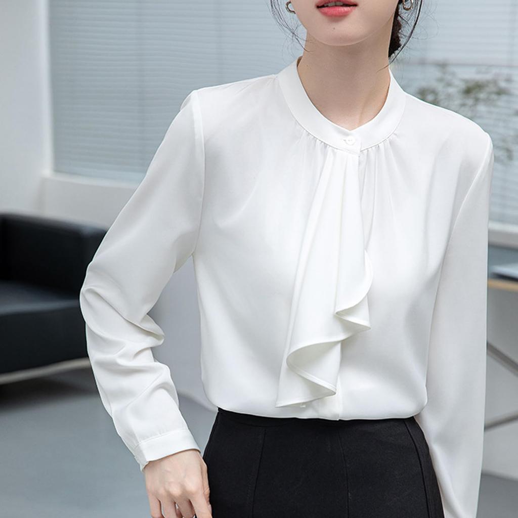 [SYitong] Women's Long-Sleeved Plain Blouse, Stylish, Washable, Collarless, White/Pink, Lined, Business/Office, Cute, Popular, Date, Outing, Commuting