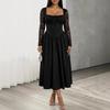 European and American Women's Clothing Spring and Summer New Temperament Square Neck Lace Long Sleeve Waist Solid Color Medium and Long Dress
