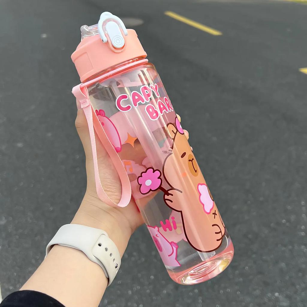800ML Kids Water Bottle Creative Cartoon Plastic Cup With Straw&Hand Rope Large Capacity Outdoor Portable Water Cups