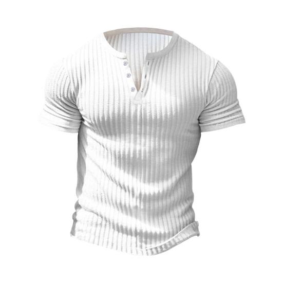 Men Summer T-shirt Short Sleeves Slim Fit Thin Solid Color Stretchy Buttoned V Neck Pullover Thread Sport Fitness Top