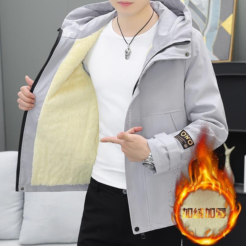 Tooling jacket men's autumn and winter fleece thickened handsome hooded jacket trendy windproof casual teen pie overcome