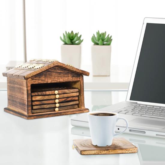 Divit Coasters Wooden for Drinks, Eco-Friendly, Absorbent, Antique Look Handcrafted Coasters (Hut)
