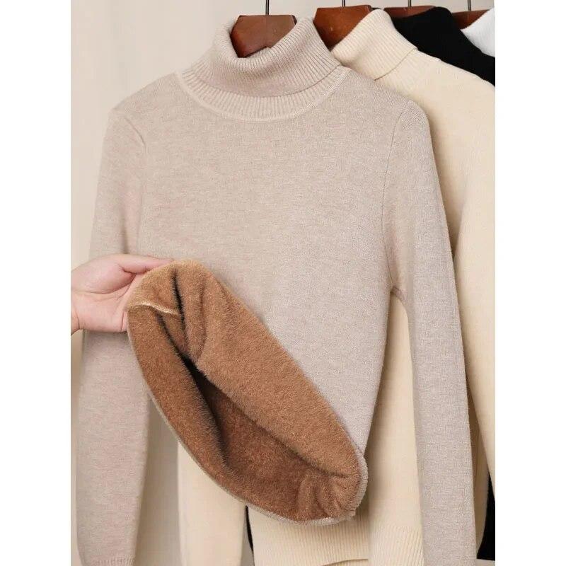 Winter Büro-dame Samt Gestrickte Warme Pullover Casual Lose Langarm Solide Hohe Kragen Pullover Frauen Mode Pullover 29555