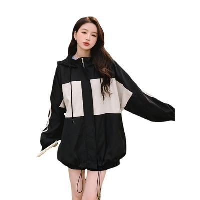Black and White Work Jacket Women's Spring New Loose Small Hooded Jacket