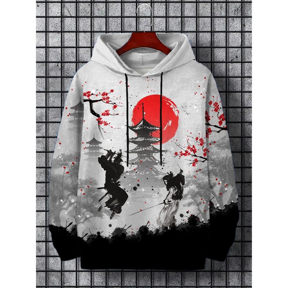 Japan Samurai Print Men's Hoodies Hip Hop Trend Street Clothes Fashion Autumn and Winter Sweatshirts Casual Pullover Loose Tops