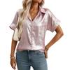 Women Lapel Short Sleeve Shirt Metallic Shiny Fabric Single Breasted Loose Vacation Casual Blouse