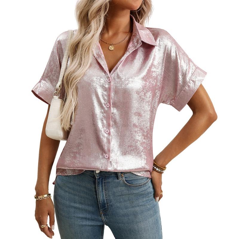Women Lapel Short Sleeve Shirt Metallic Shiny Fabric Single Breasted Loose Vacation Casual Blouse