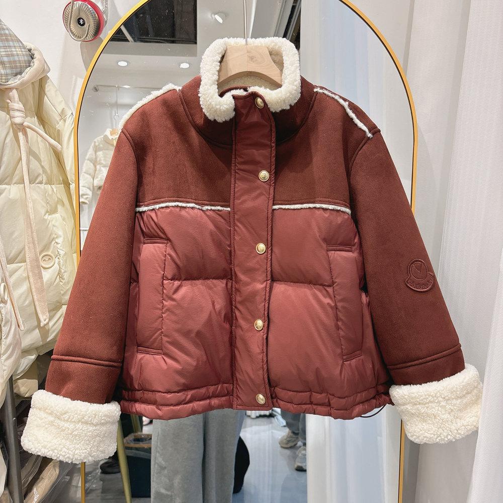 

Short fashion lamb wool splicing cotton-padded coat women s 2025 winter new loose small cotton-padded coat L бордовий