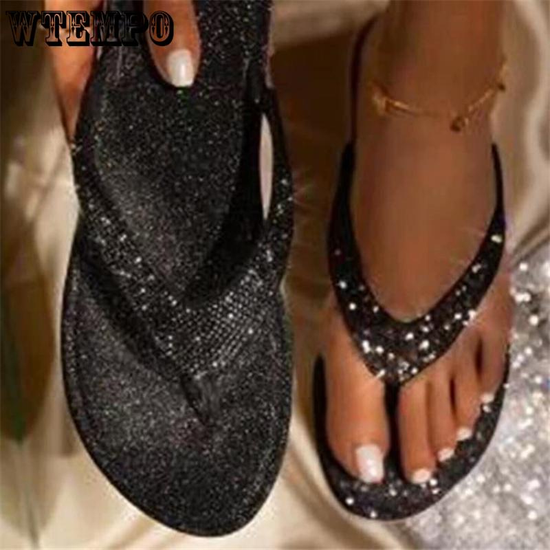 WTEMPO Women Summer Rhinestone Slip On Casual Open Toe Flat Soft Bottom Slippers Girl Flip Flop Wholesale Dropshipping