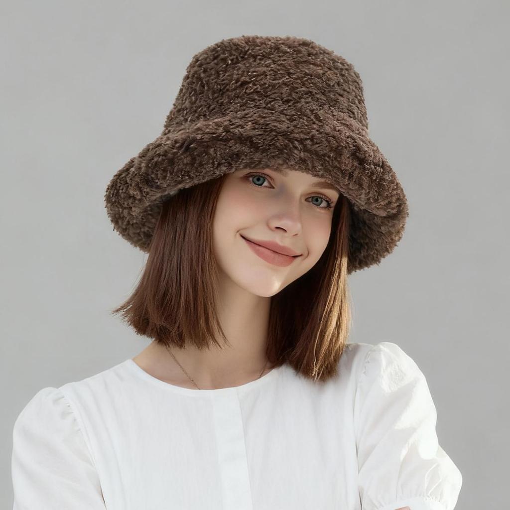 Women's Winter Faux Shearling Bucket Hat, Thickened Windproof Fluffy Fisherman Cap, Warm Cozy Outdoor Hat for Fall Winter