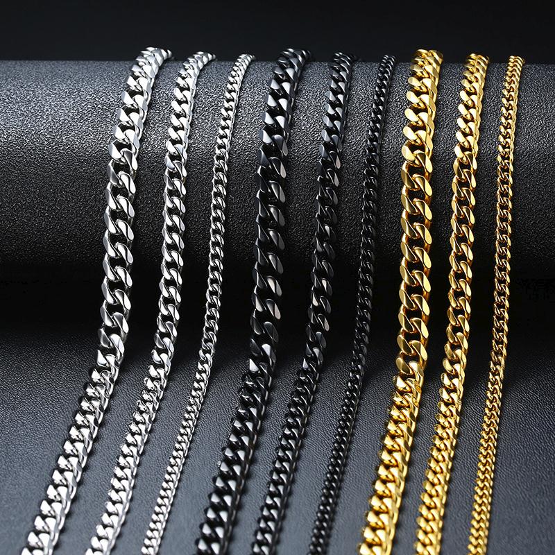 3/5/7/9/11MM Cuban Chain Necklaces for Men Women,Stainless Steel Curb Link Chain Collar,Zircon Gift for Dad Husband BFF