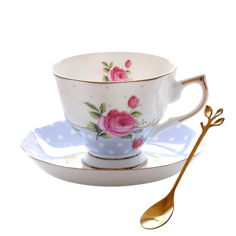 Floral Coffee Cup Sets 170ml Vintage Fine Bone China Tea Cup Spoon and Saucer Set Gold Trim Fine Dining and Table Decor