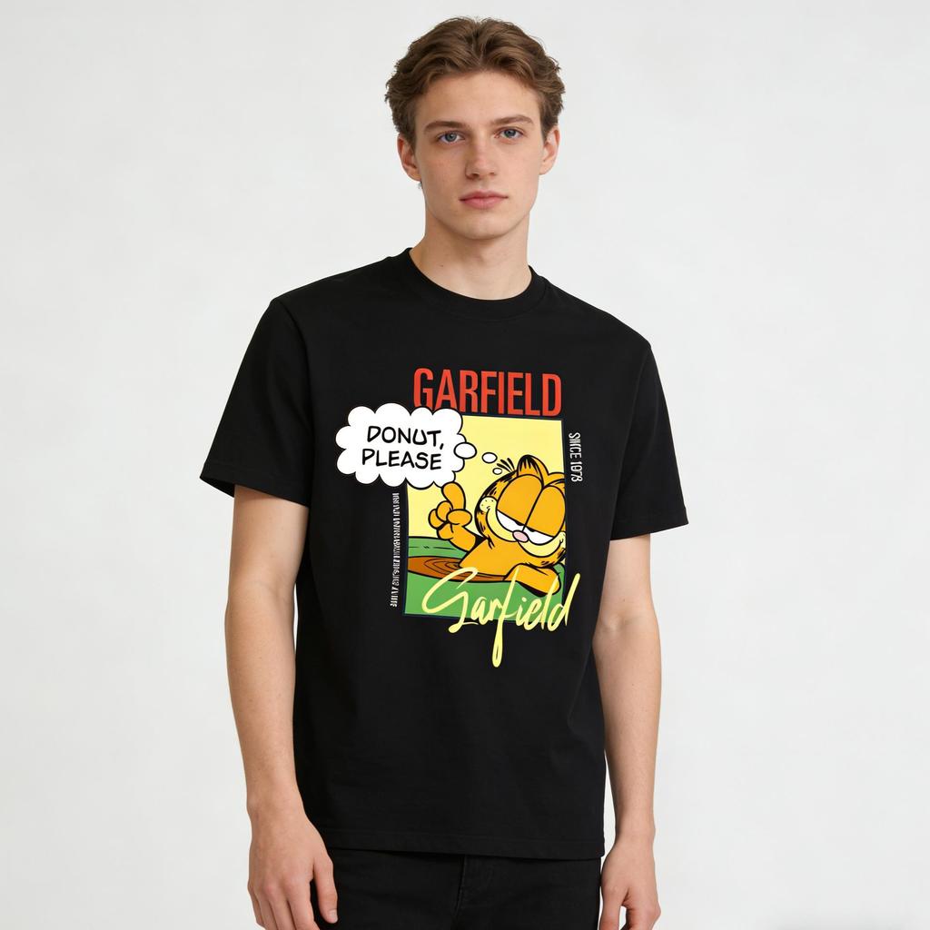 Garfield "DONUT PLEASE" Donut Funny Print Short Sleeve T-Shirt, American Streetwear Brand Heavyweight Cotton Loose Fit Oversized Couple Top
