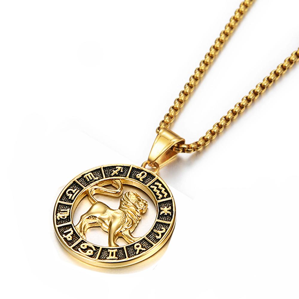 Gold Stainless Steel Zodiac Necklace Leo Scorpio Pendant for Women Men 12 Constellation Round Charm Jewelry Gift