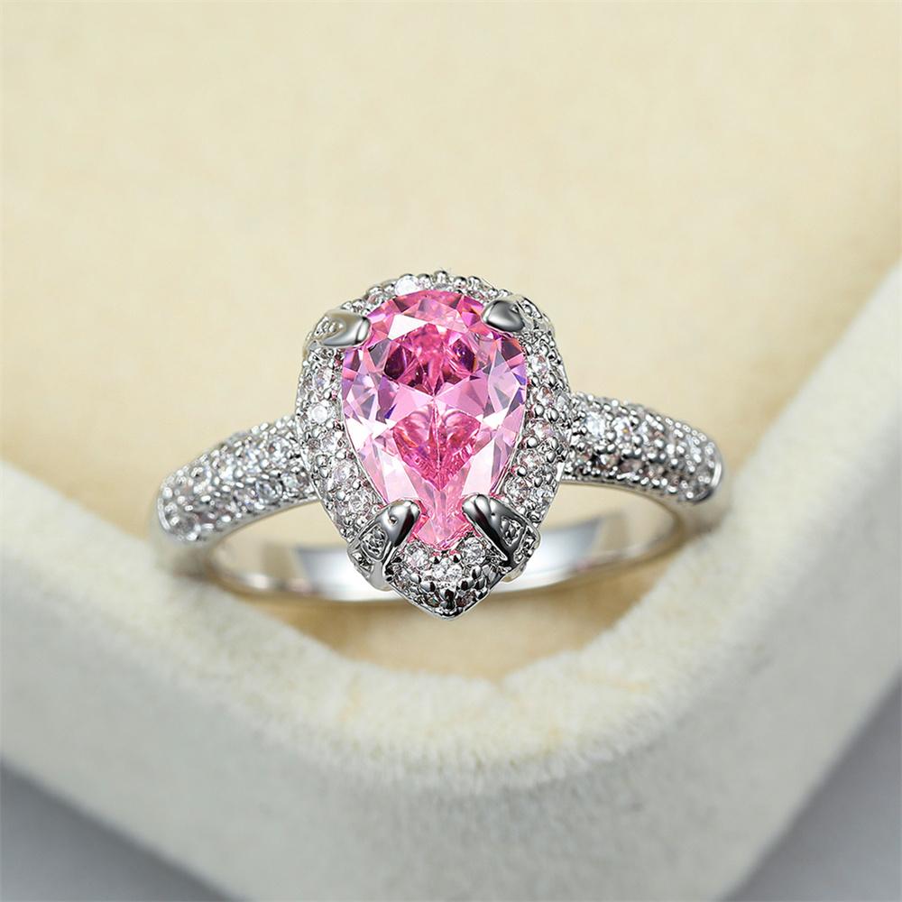 Size 6/7 Female Crystal Pink Zircon Stone Water Drop Engagement Ring Vintage Silver Color Wedding  For Women