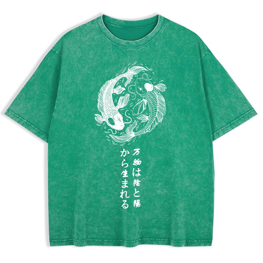Japanese Koi Harajuku Printed Washed T-Shirts Mens Cotton Short Sleeve Tops Street O-Neck Oversize T Shirt Clothes