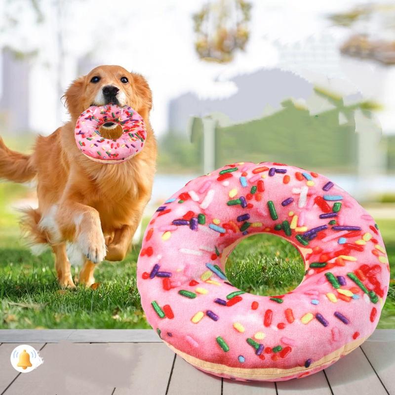 Plysch Hundleksak Donut Pizza Form Husdjur Pipiga Leksaker för Små Stora Hundar Rengöring Tänder Valp Tugga Ljudleksak Husdjurstillbehör