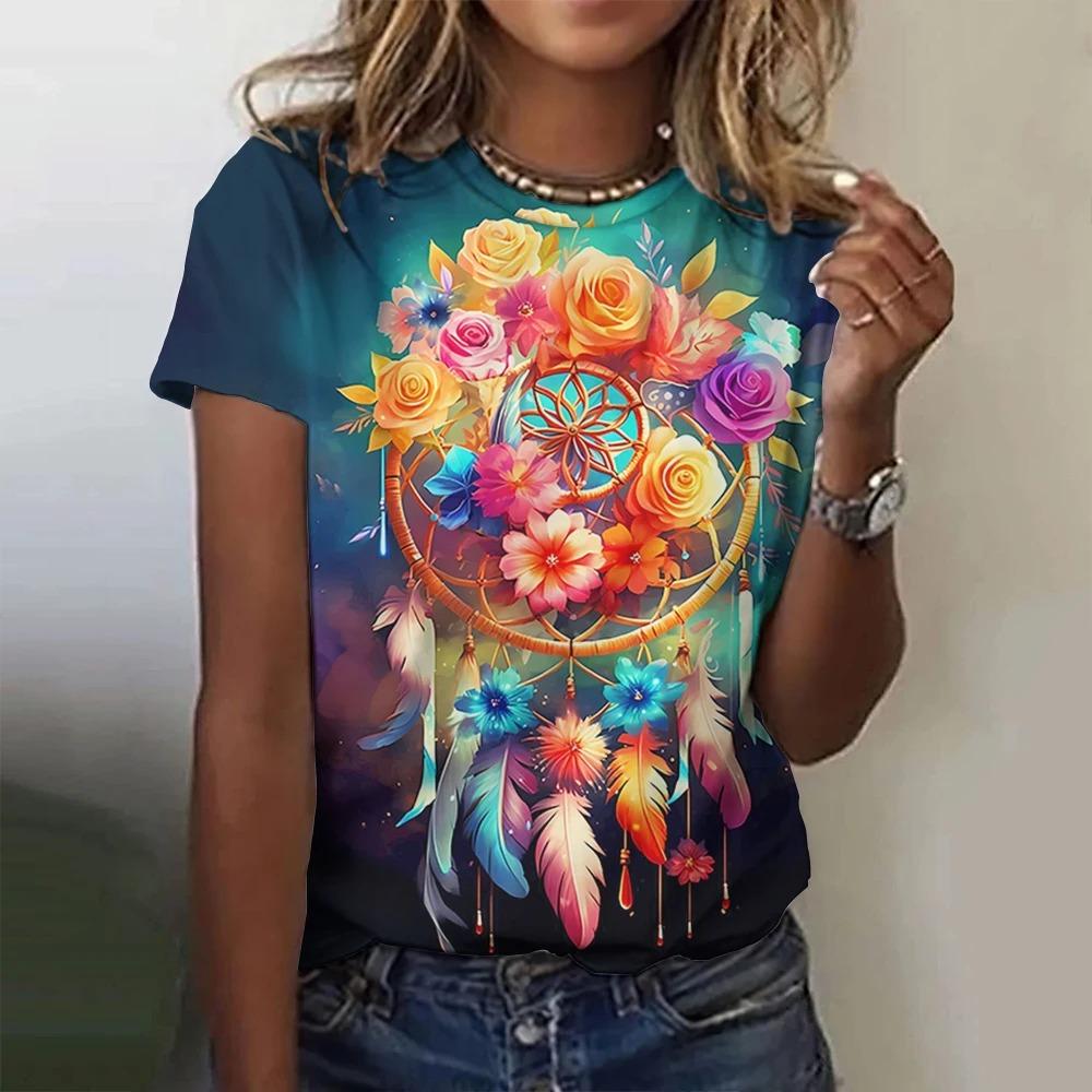 Summer Dreamcatcher 3D Print T-Shirt Women's Street Casual Retro Y2K Short Sleeve Crew Neck Top