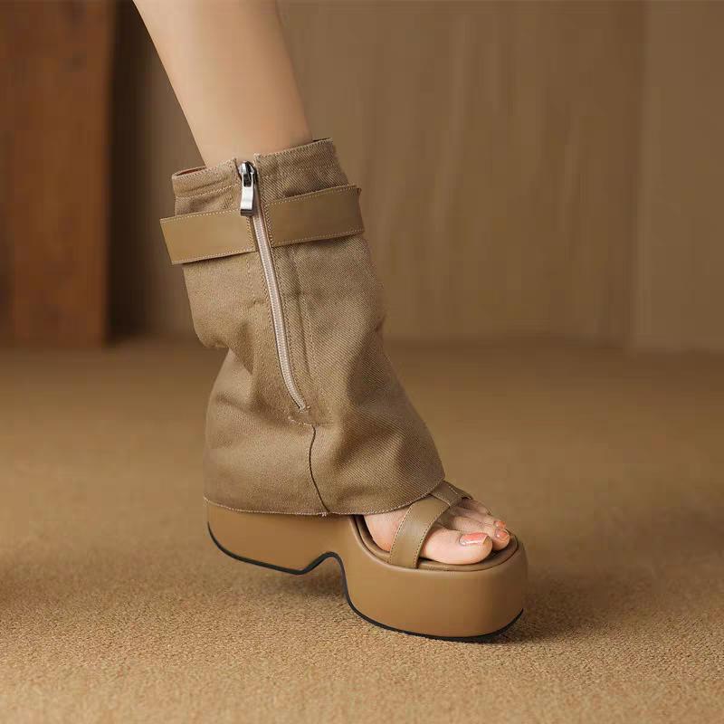 Fashion 12cm Height-increasing, Petite Thick-soled Roman Sandals, New Summer Leather Sloping High Heel Sponge Ankle Boots for Women