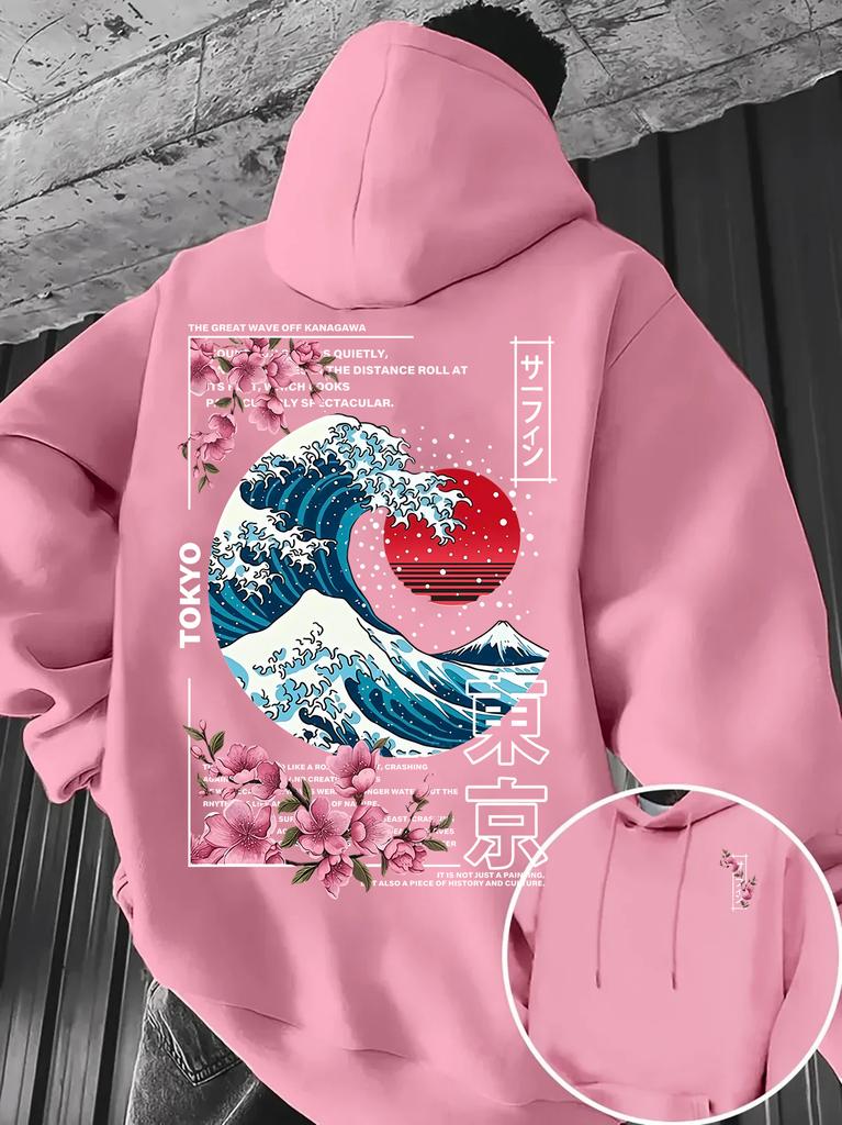 Herrenmode Kirschblüte Tokio Buchstabenmuster Sweatshirt - Östlicher Retro Tägliches Kapuzenpullover Shirt