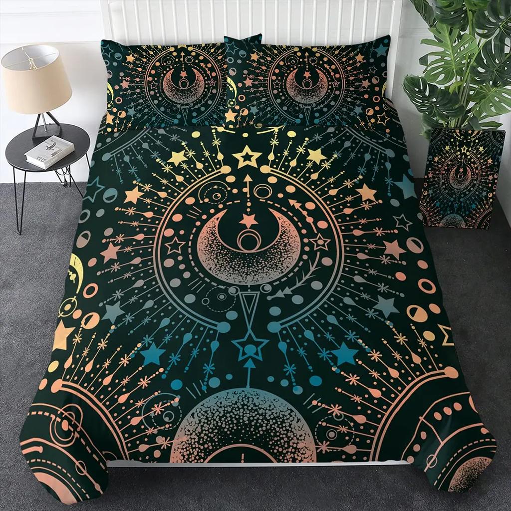 Neon Mandala Duvet Cover Set Full Queen Boho Hippie Bedding Set Ancient Mayan Calendar 3D Print Abstract Comforter Cover 2/3Pcs