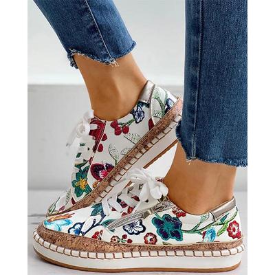 Nuevas zapatillas de deporte para mujer, zapatos planos elegantes con estampado Floral y cordones para mujer, zapatos vulcanizados con punta redonda a la moda para mujer, zapatos informales para mujer